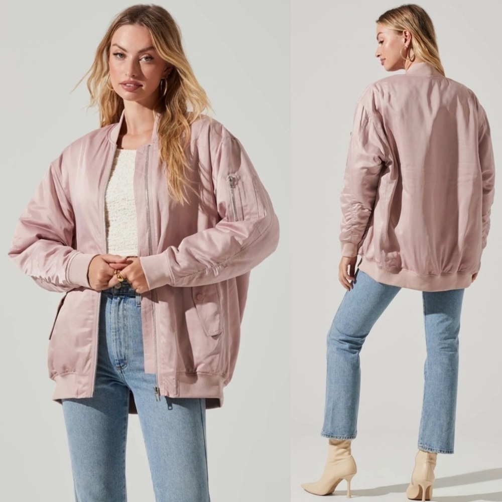 NEW! ASTR the Label- Baby Pink Satin Casual Basic Everyday Torin Bomber Jacket